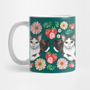 Calico Cat with Strawberries Daisies and Leaves Mug